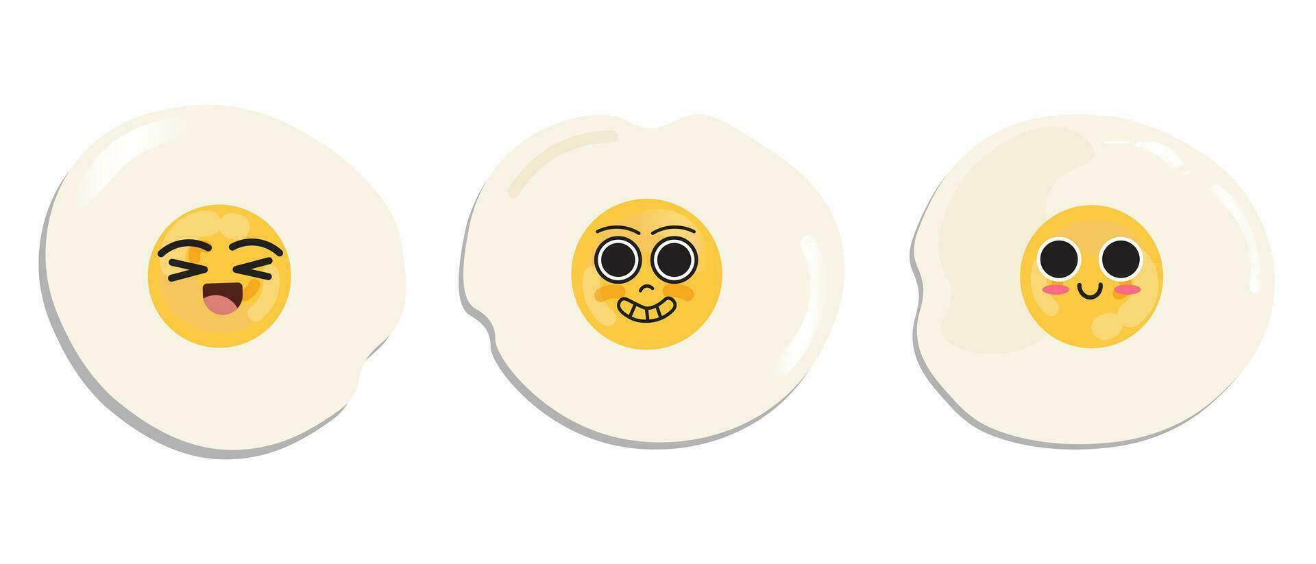 Set of Smiling Sunny side up eggs. Cartoon fried eggs isolated on white background with shadow. Editable Vector Illustration. EPS 10.