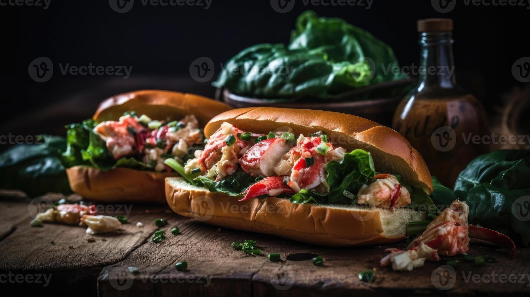 Lobster Rolls full of chunks of lobster meat and vegetables, AI Generative photo