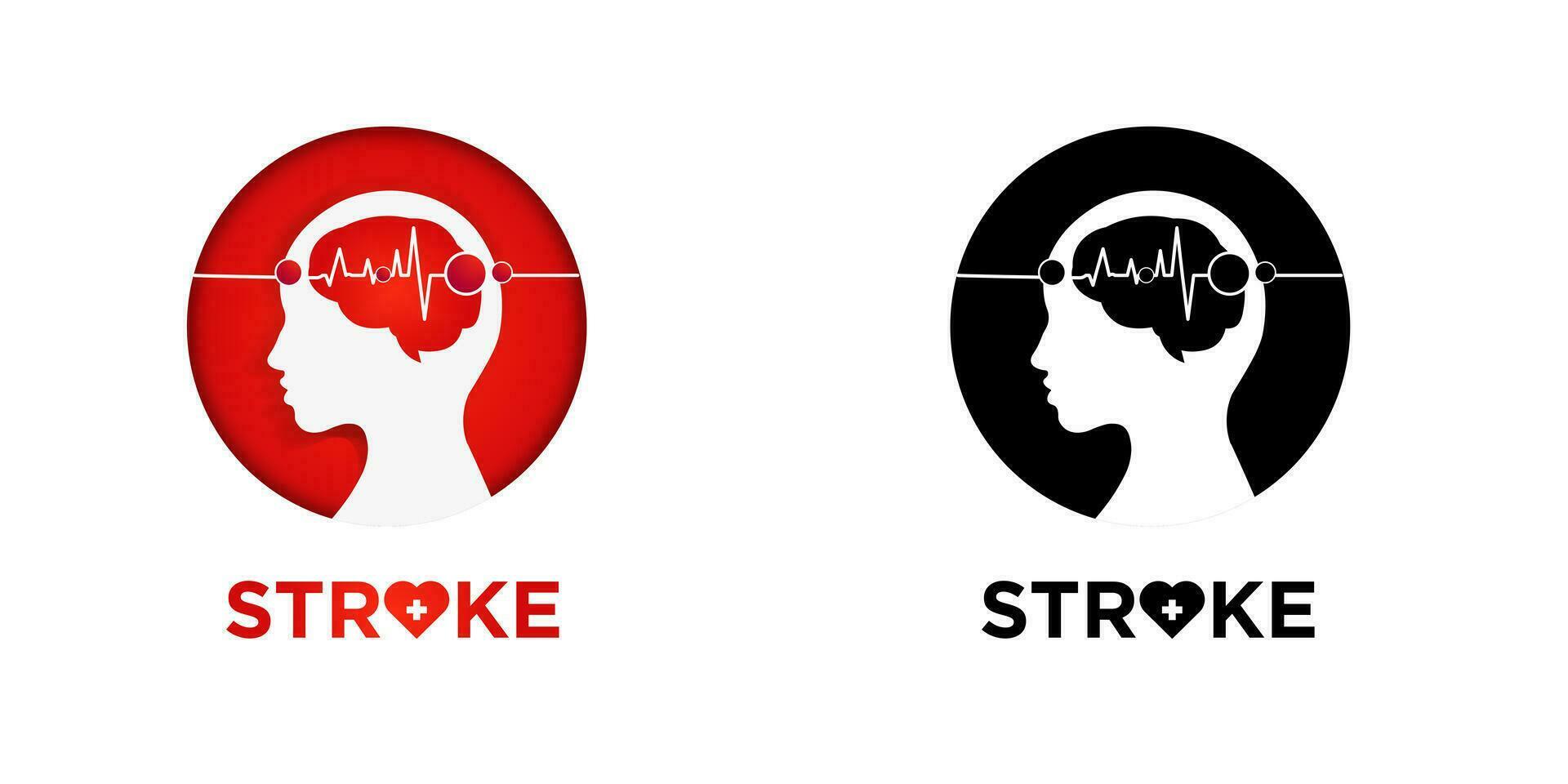 Stroke Icon. Illustration of poor blood flow to the brain causing a stroke, human profile inside a round frame and heart beat line. Vector Illustration. EPS 10.