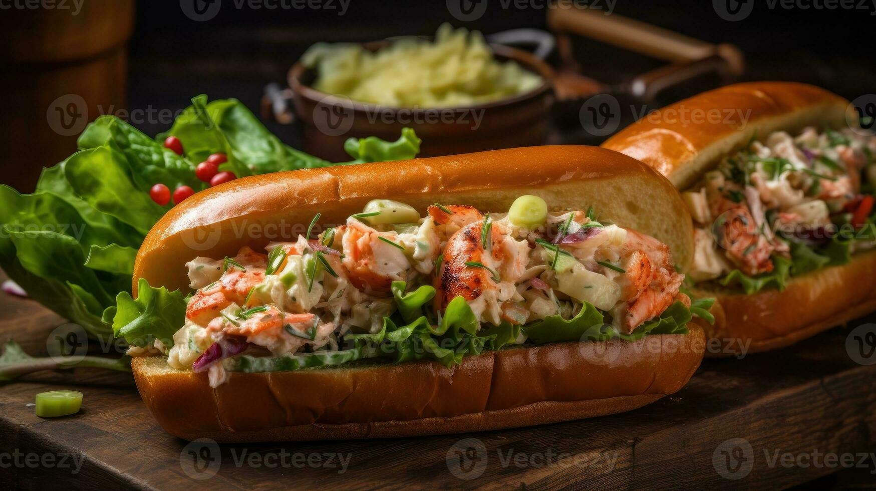 Closeup Lobster Rolls full of chunks of lobster meat and vegetables on a wooden plate, AI Generative photo