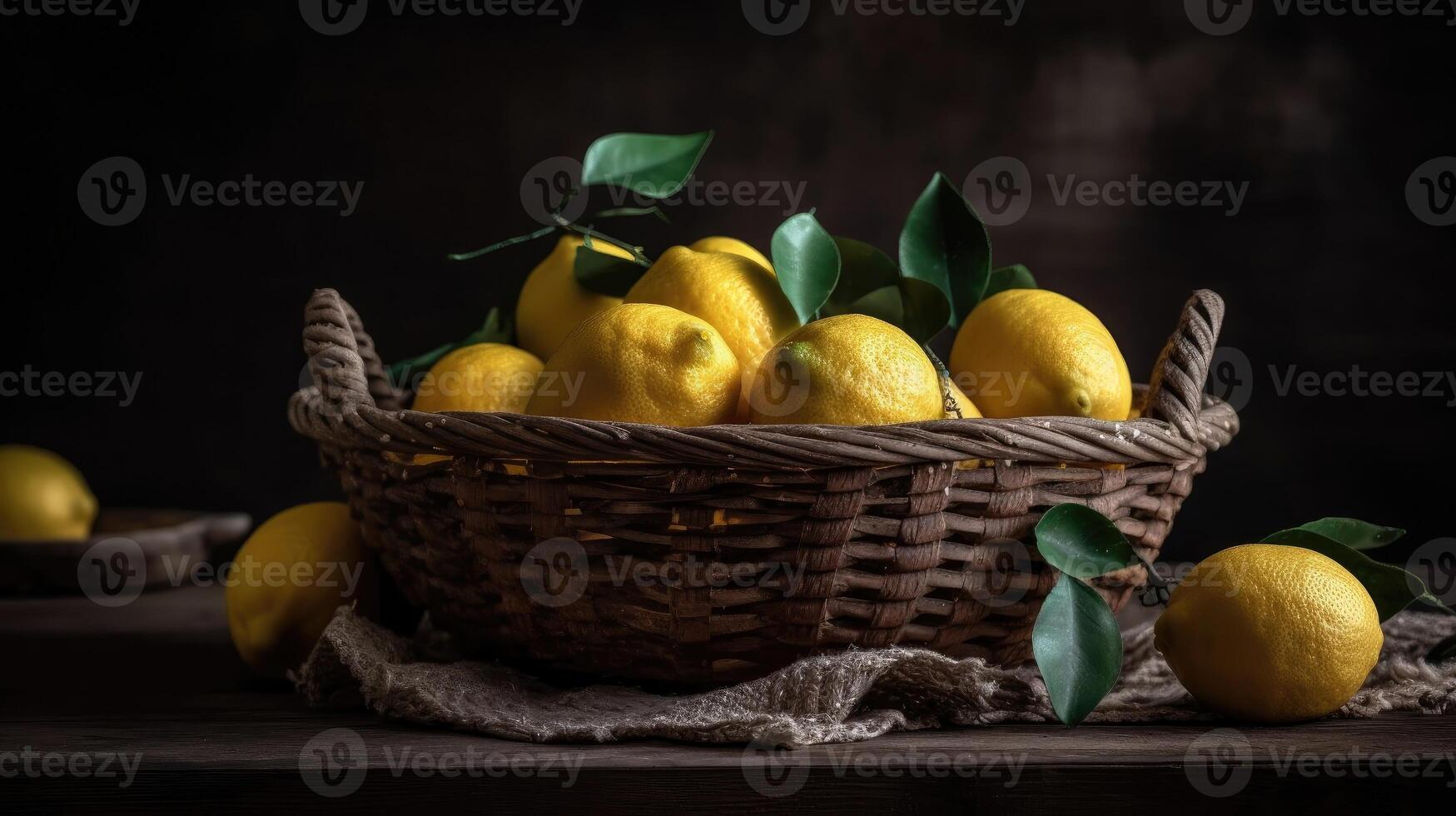 Closeup Fresh Lemon in a bamboo basket with blurred background, photo