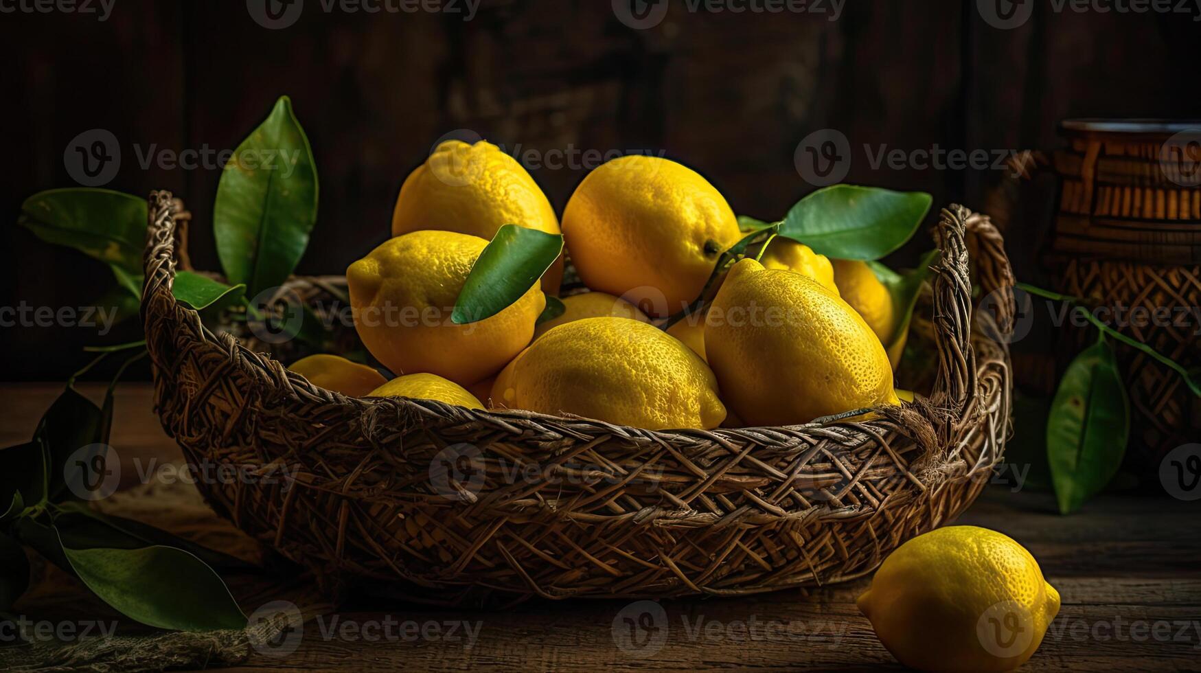Closeup Fresh Lemon in a bamboo basket with blurred background, photo