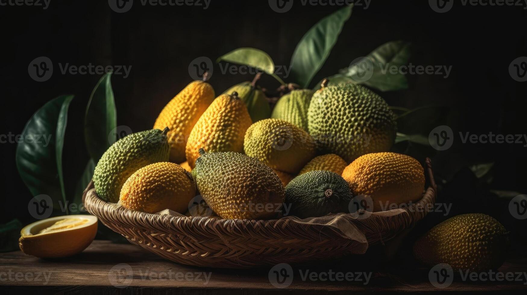 close up jack fruits on bamboo basket with jack fruit leaf ornament and blurred background, AI Generative photo