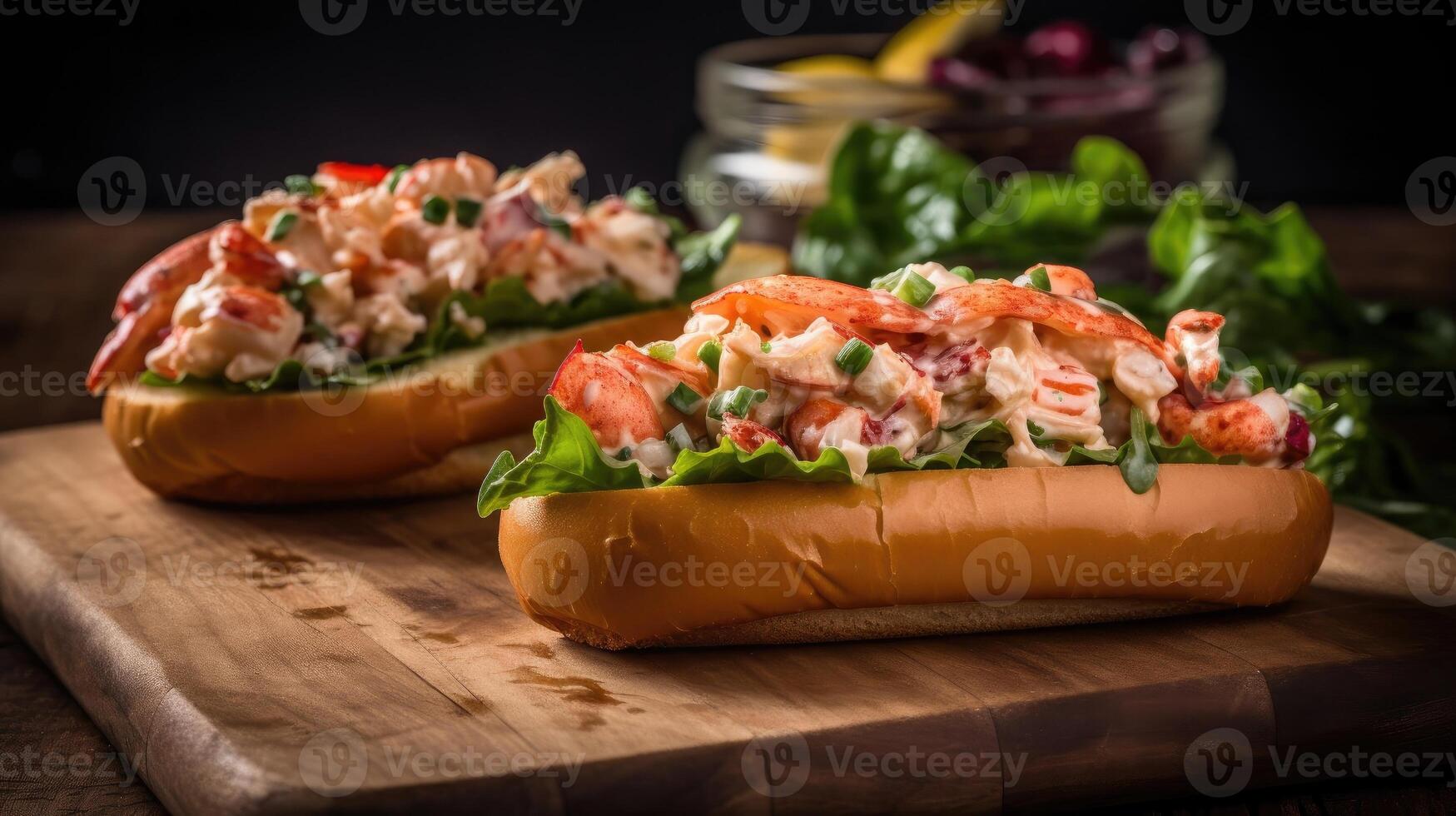 Closeup Lobster Rolls full of chunks of lobster meat and vegetables on a wooden plate, AI Generative photo