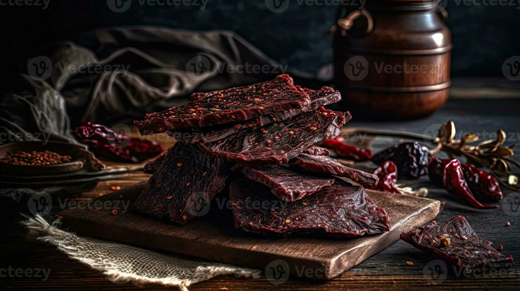 Close up spicy beef jerky with blurred background, AI Generative photo