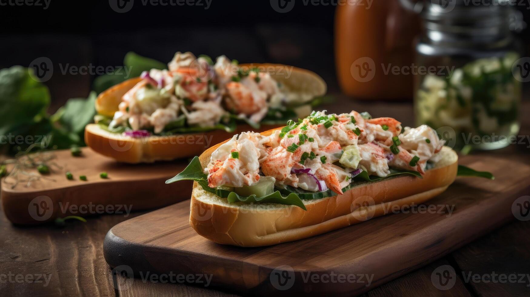 Lobster Rolls full of chunks of lobster meat and vegetables, AI Generative photo