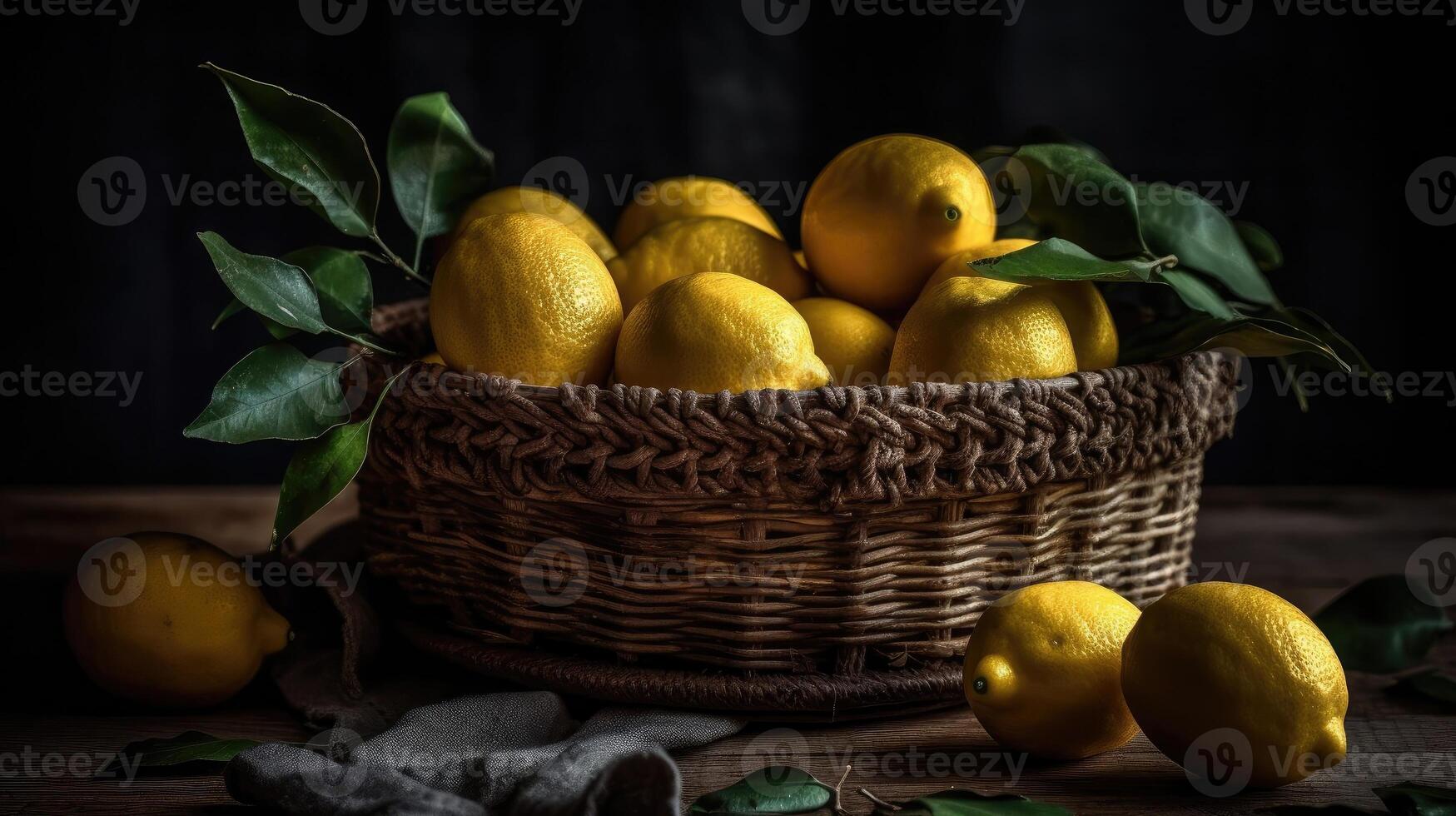 Closeup Fresh Lemon in a bamboo basket with blurred background, photo