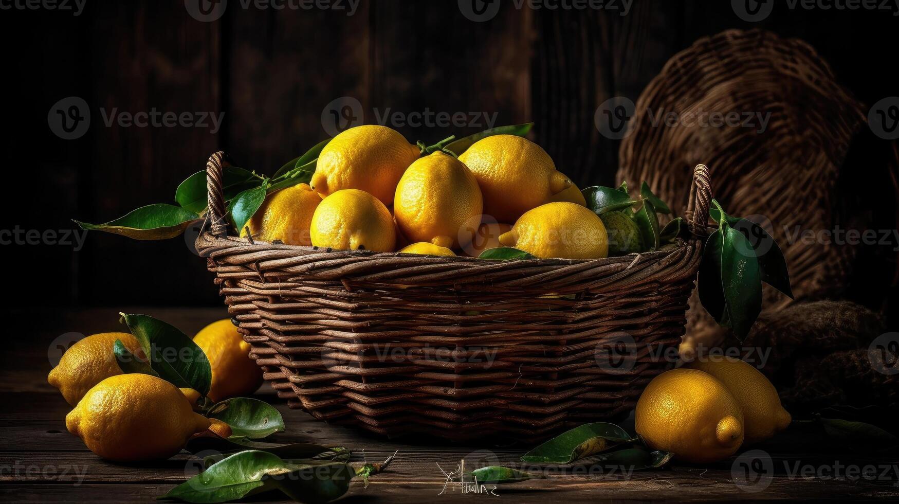 Close-up fresh lemon in a bamboo basket with blurred background, photo