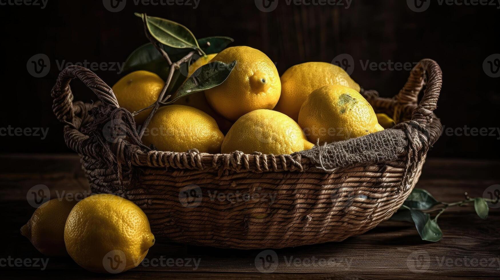 Fresh Lemon in a bamboo basket with blurred background, photo
