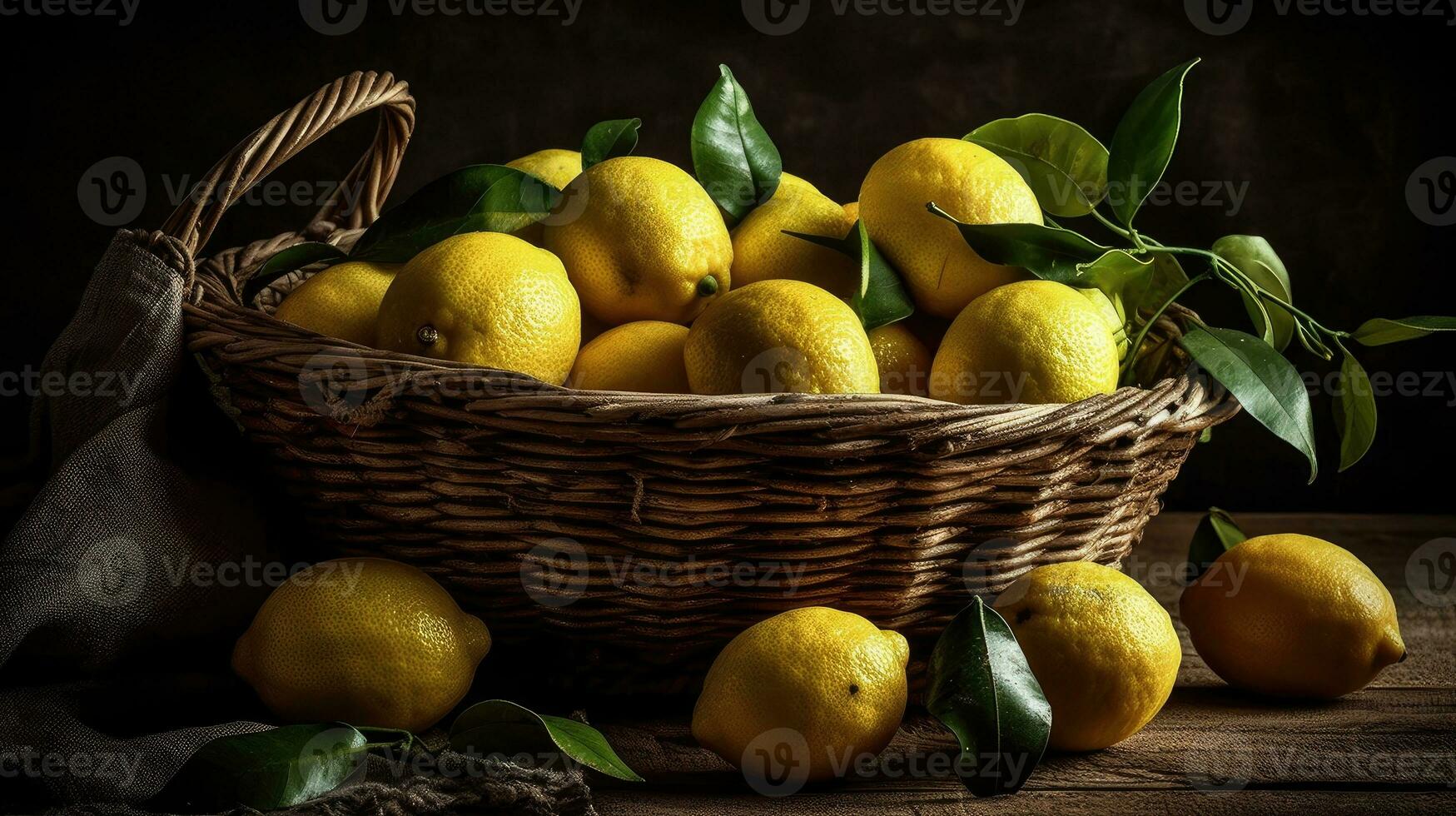 Fresco limón en un bambú cesta con borroso fondo, ai generativo foto