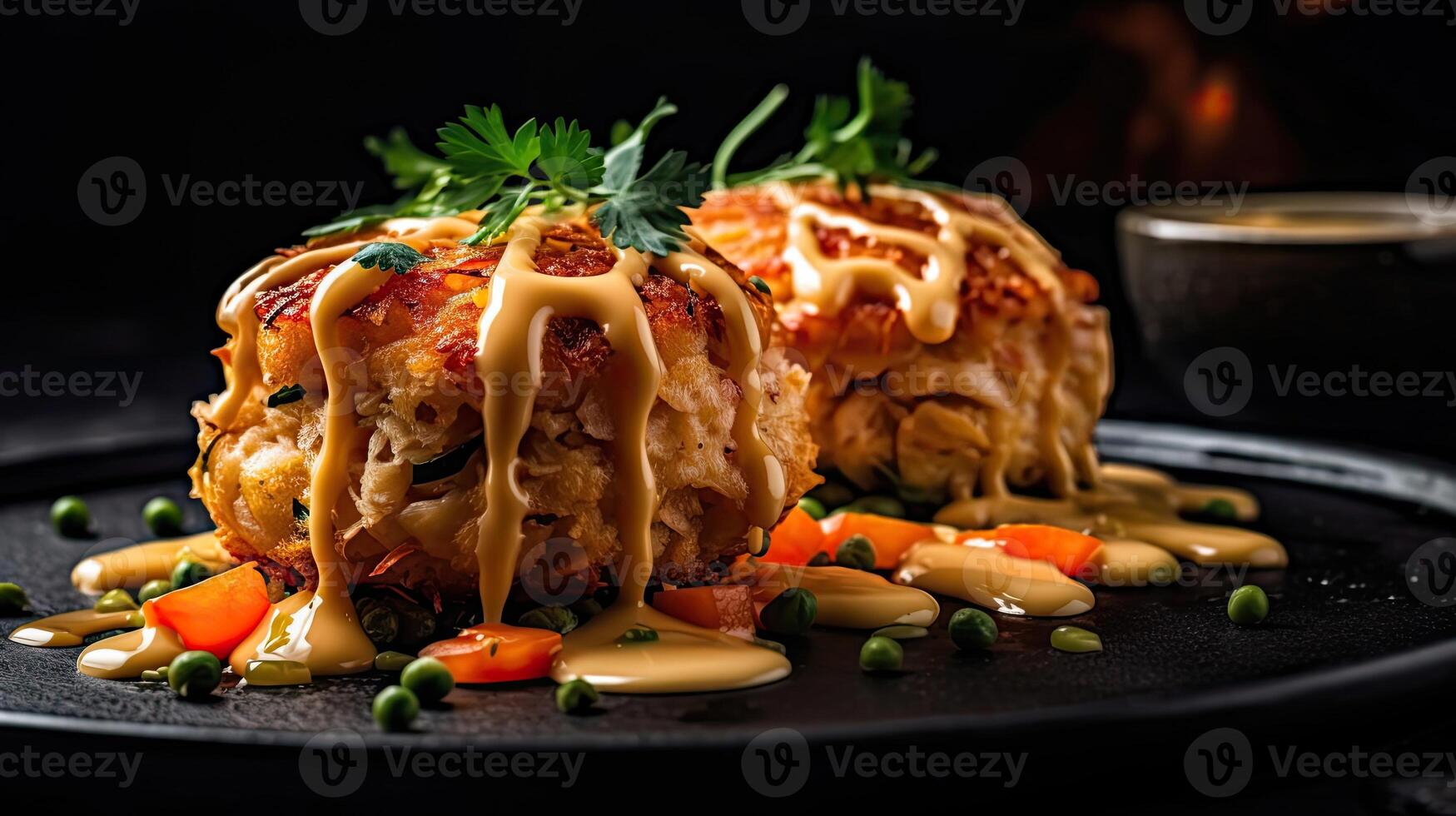 Maryland Crab Cakes with chopped greens on a wooden plate with a blurred background, photo