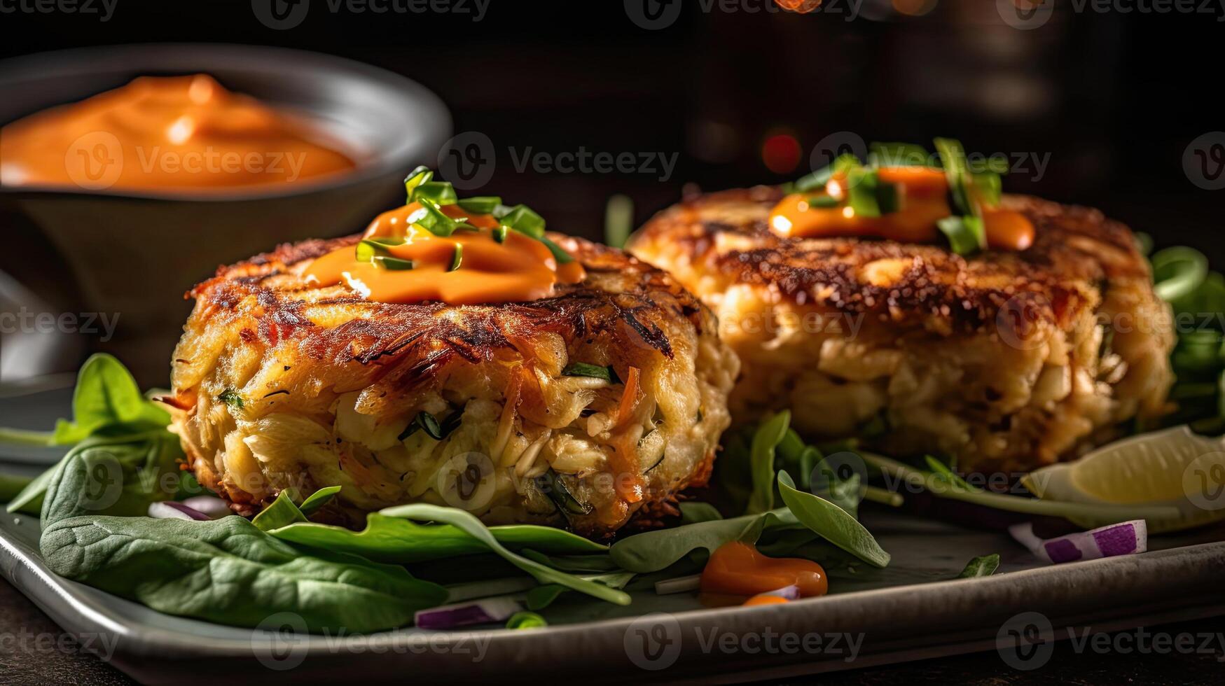 Maryland Crab Cakes with chopped greens on a wooden plate with a blurred background, photo