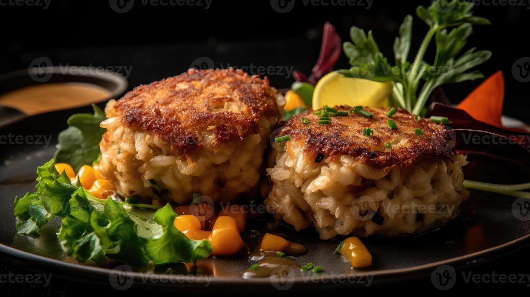 close up maryland crab cakes with chopped greens on a wooden plate with a blurred background, photo