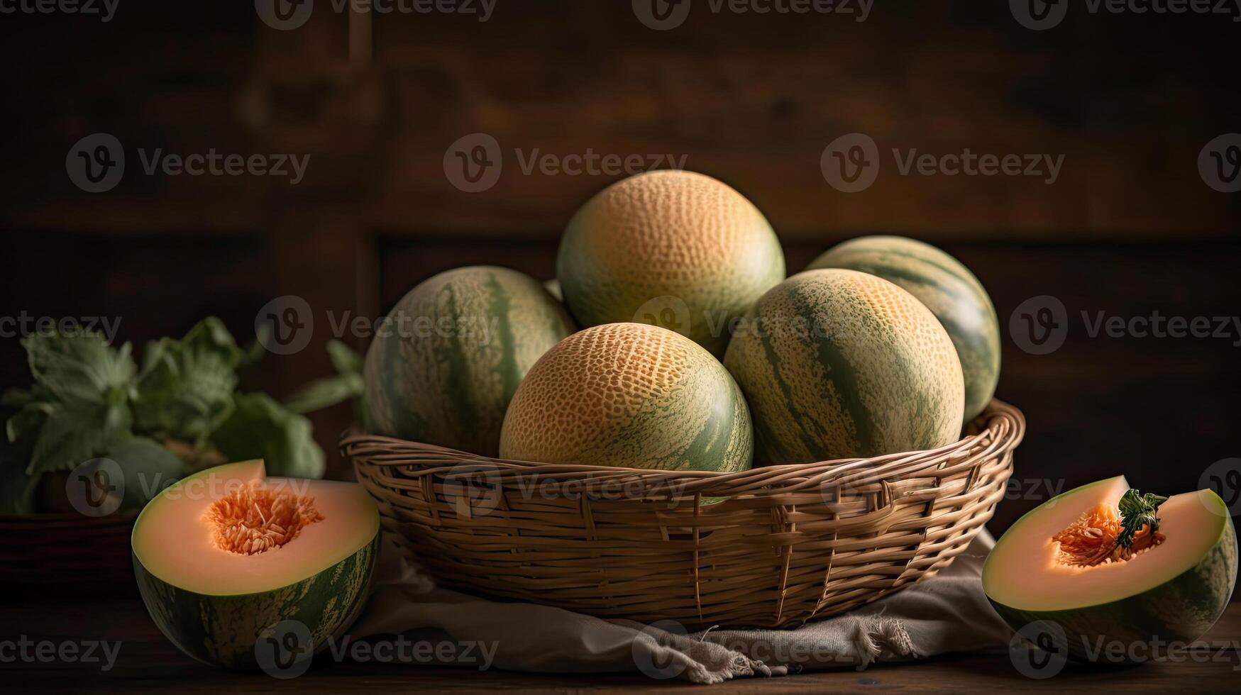 Close up Fresh Watermelon in a bamboo basket with blurred background, AI Generative photo