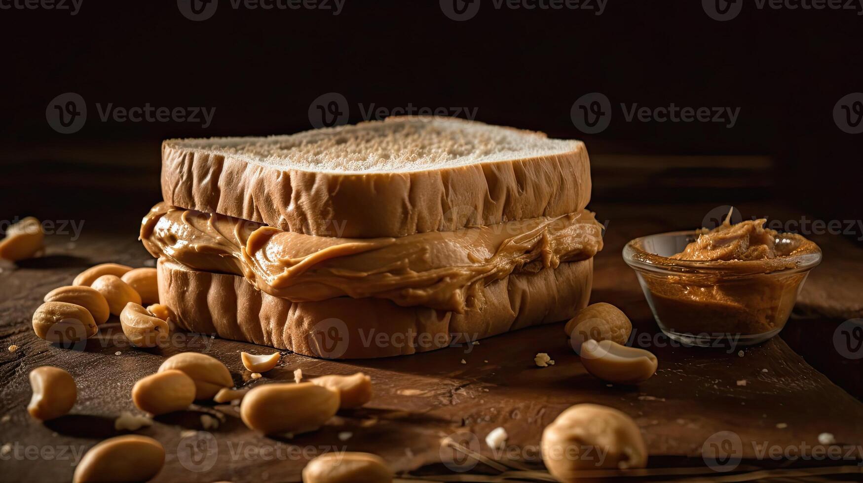 dulce maní mantequilla emparedados con rociado maní granos en de madera mesa con difuminar fondo, ai generativo foto