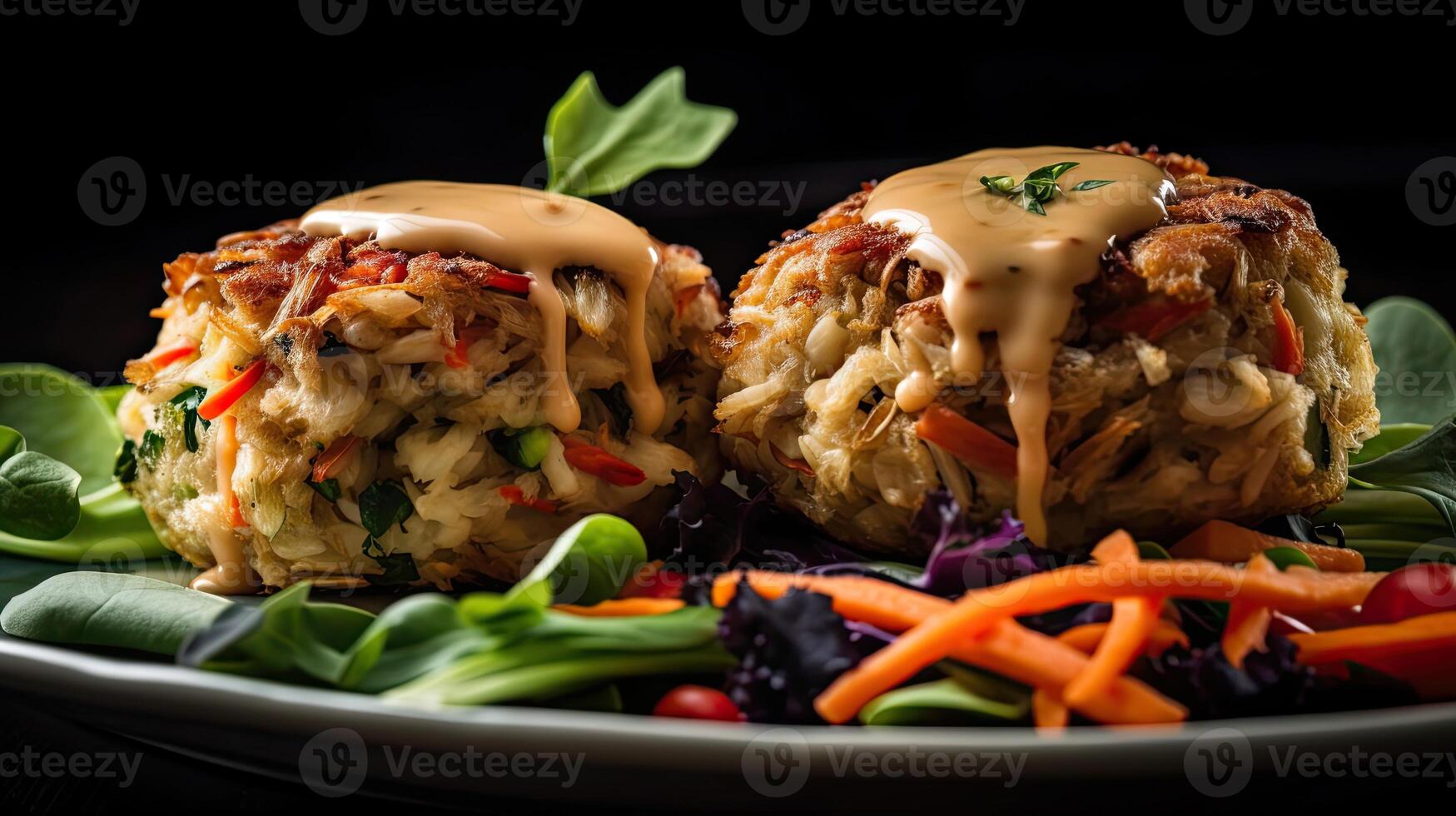 Maryland Crab cakes with chopped greens on a wooden plate with a blurred background, photo