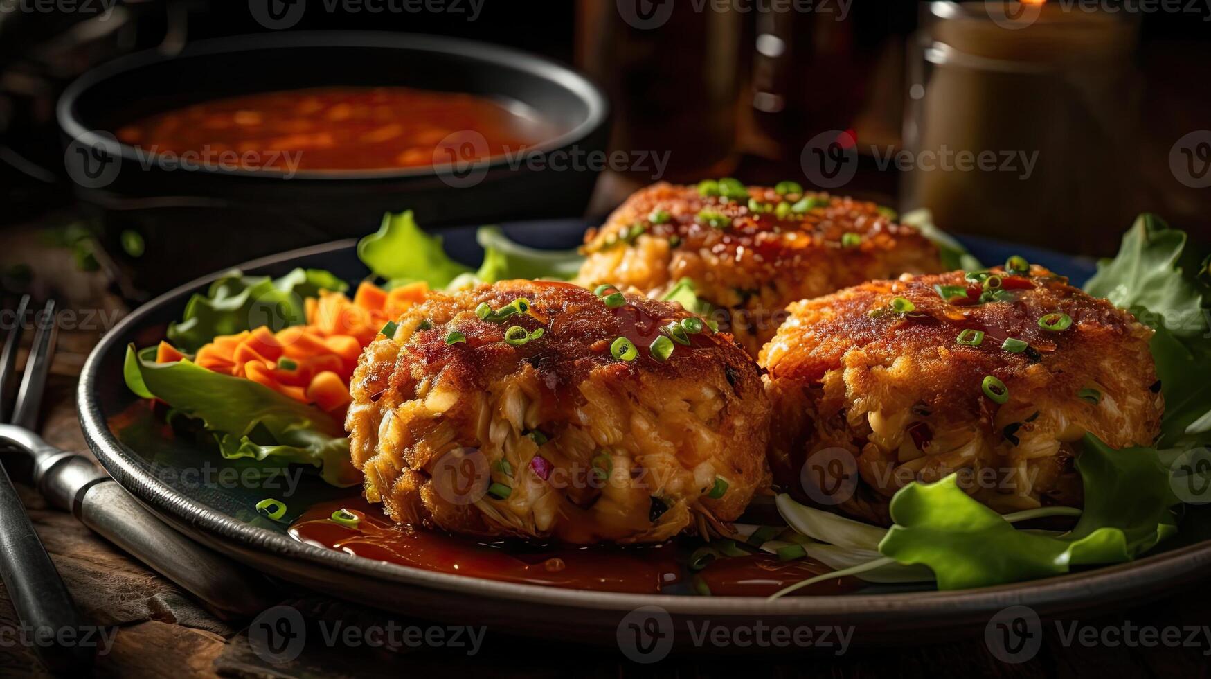 Closeup Maryland Crab cakes with chopped greens on a wooden plate with a blurred background, photo