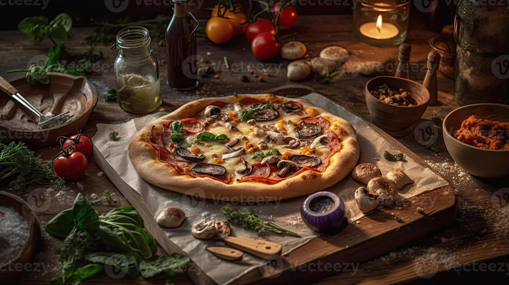 Pizza full of sliced greens on a wooden plate on a blurred background, AI Generative photo