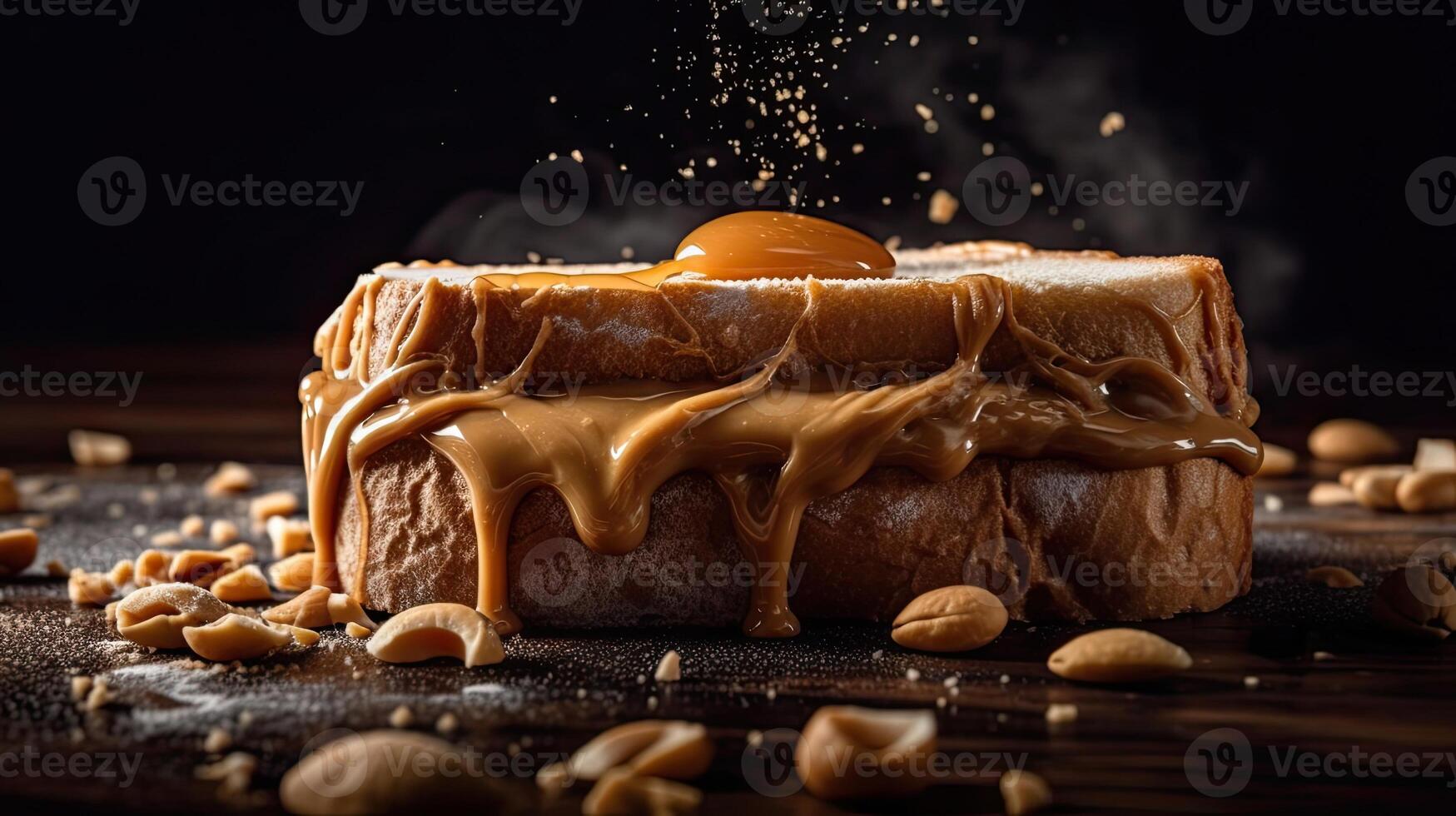 Sweet peanut butter sandwiches with sprinkled peanut kernels on wooden table with blur background, AI Generative photo