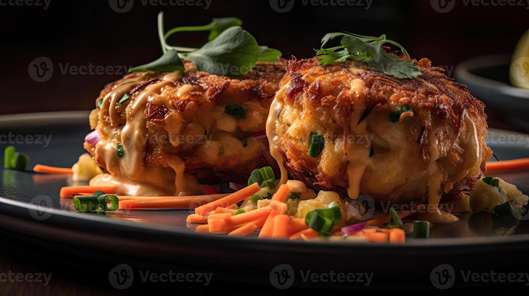 Maryland Crab Cakes with chopped greens on a wooden plate with a blurred background, photo