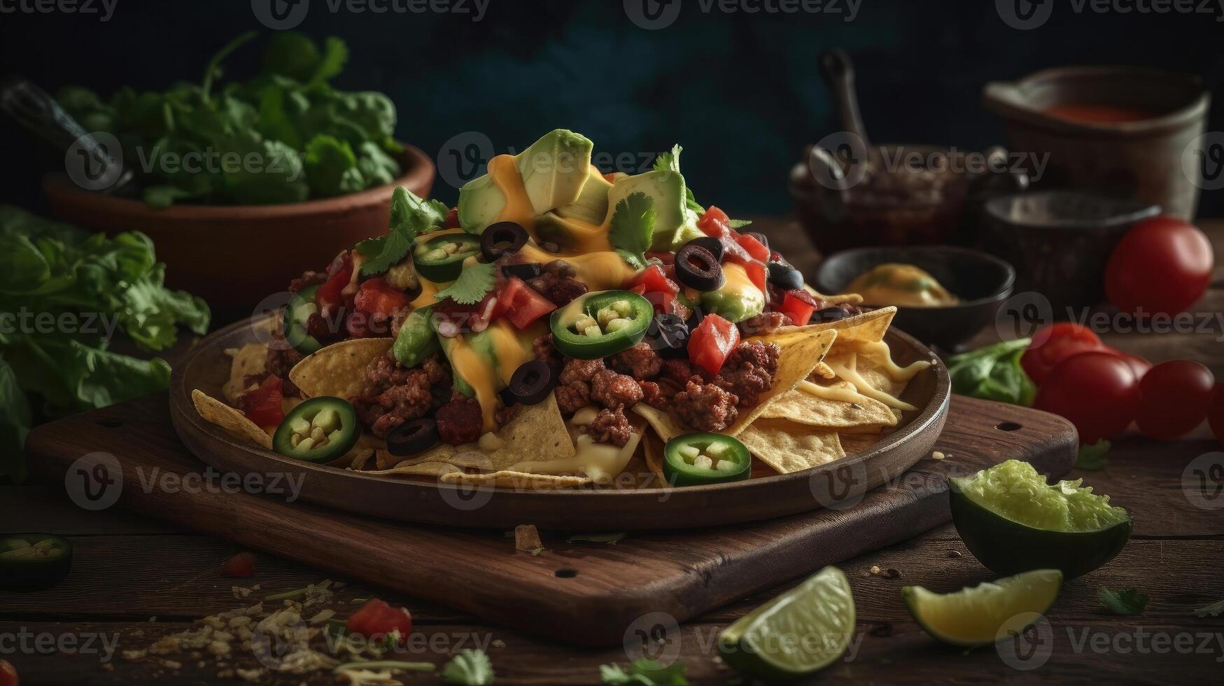 close up nachos full of chunks of vegetables with blurred background, photo