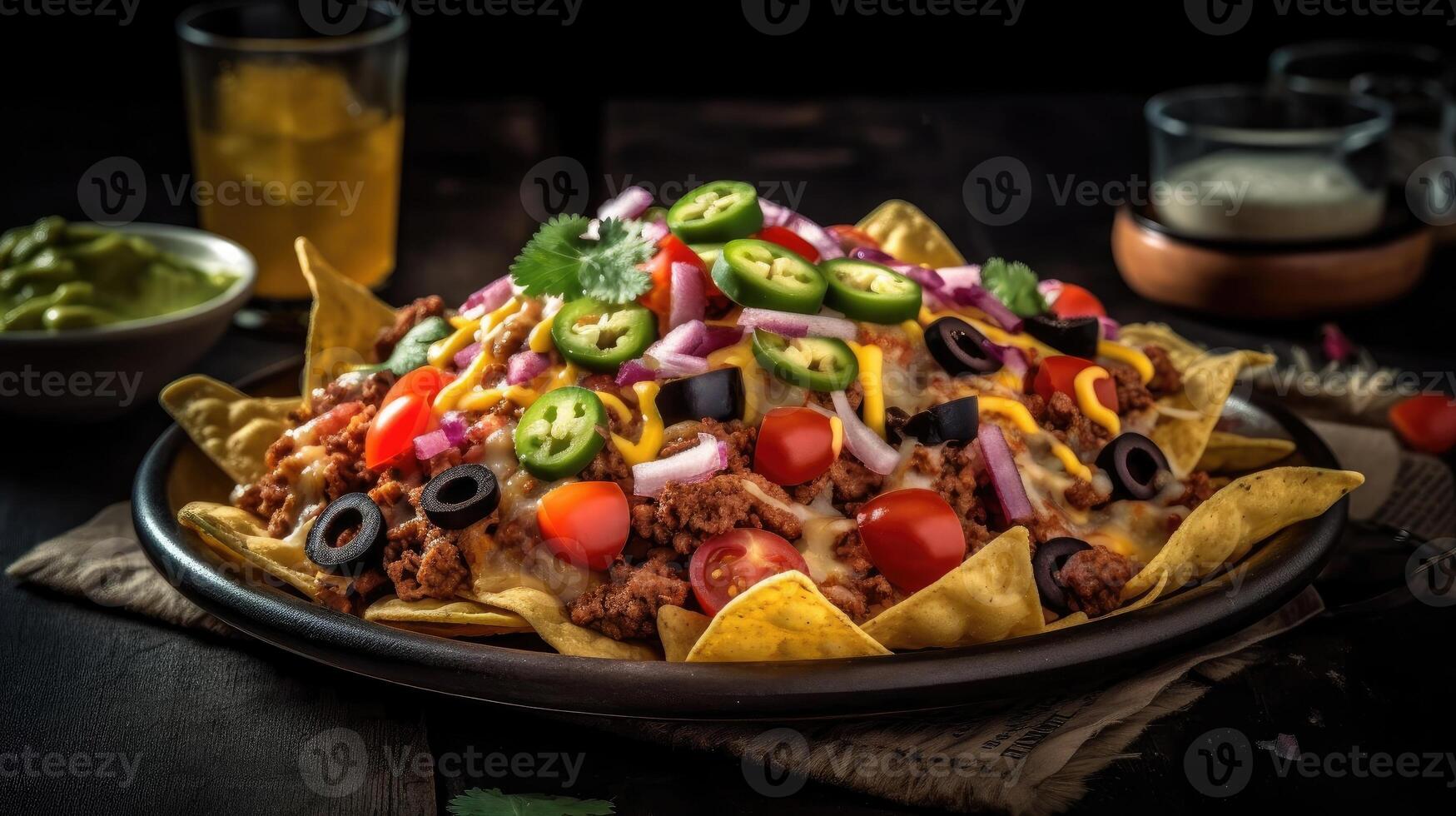 Closeup Nachos full of chunks of vegetables with blurred background, photo