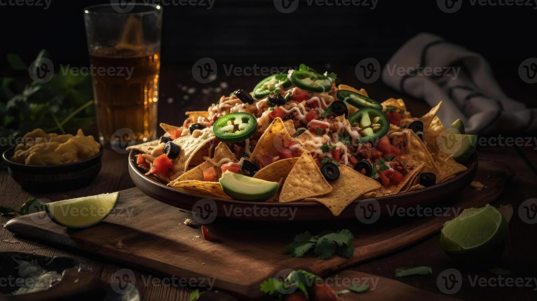 de cerca nachos lleno de trozos de vegetales con borroso fondo, ai generativo foto