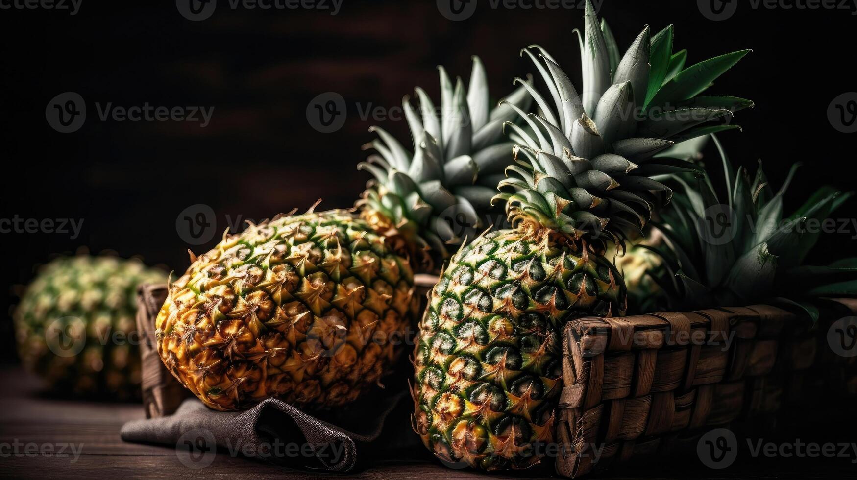 Closeup Pineapple Fruits in a bamboo basket with blur background, AI Generative photo