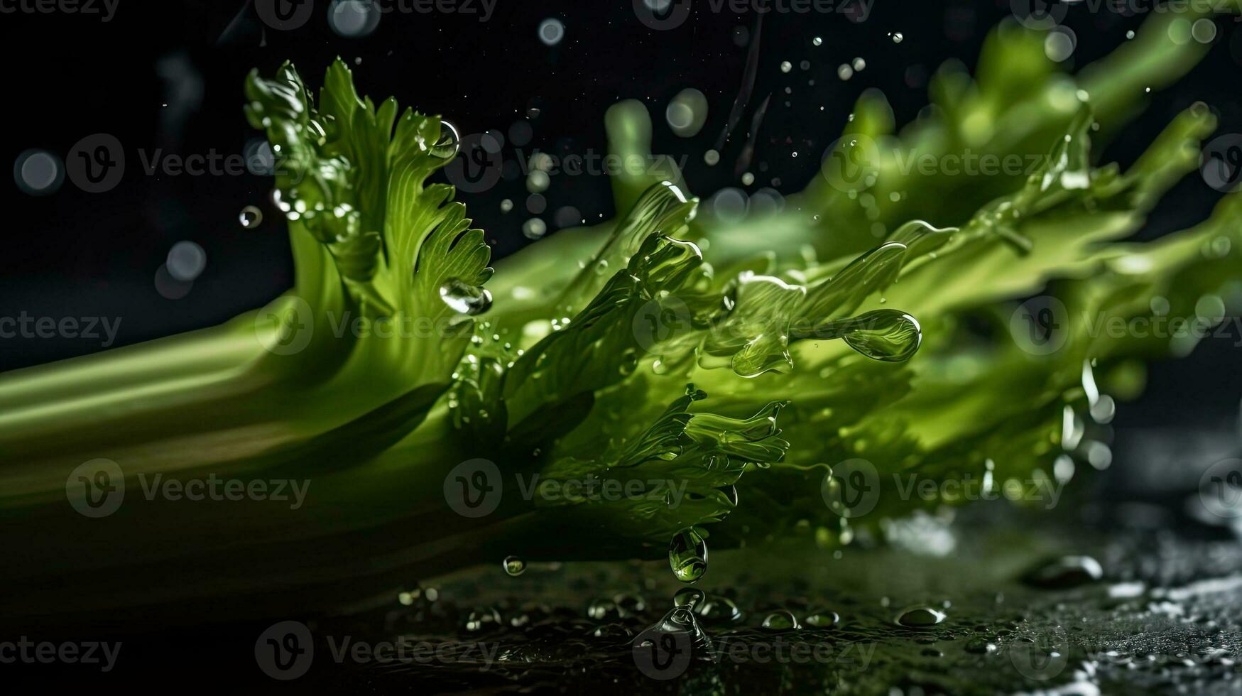 Green celery hit by splashes of water with black blur background, AI Generative photo