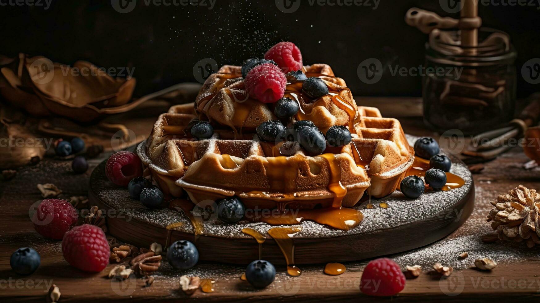 Closeup of sweet Waffles Topped with blueberries and red berries on a blurred background, AI Generative photo