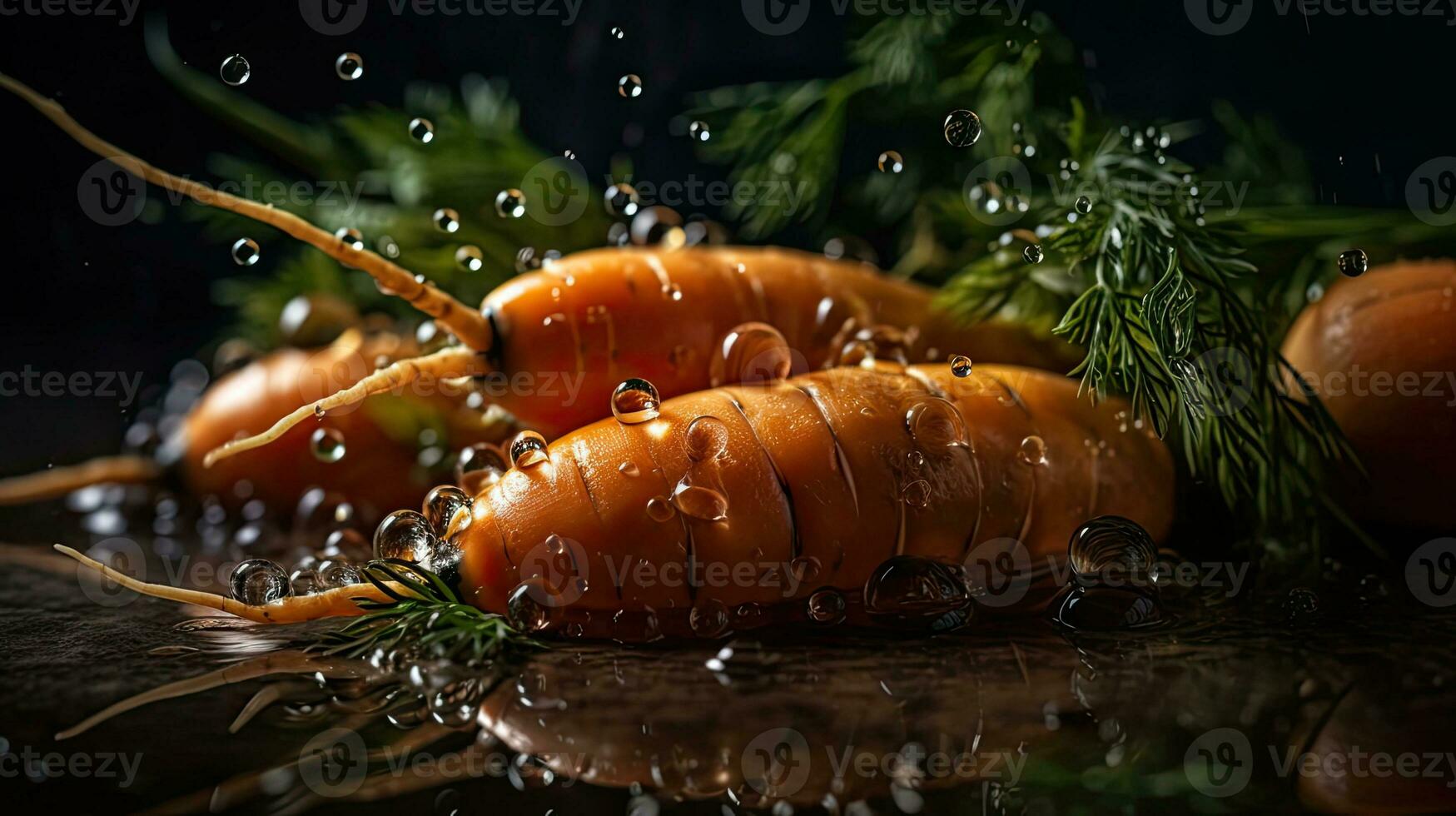 Carrots hit by splashes of water with black blur background, AI Generative photo