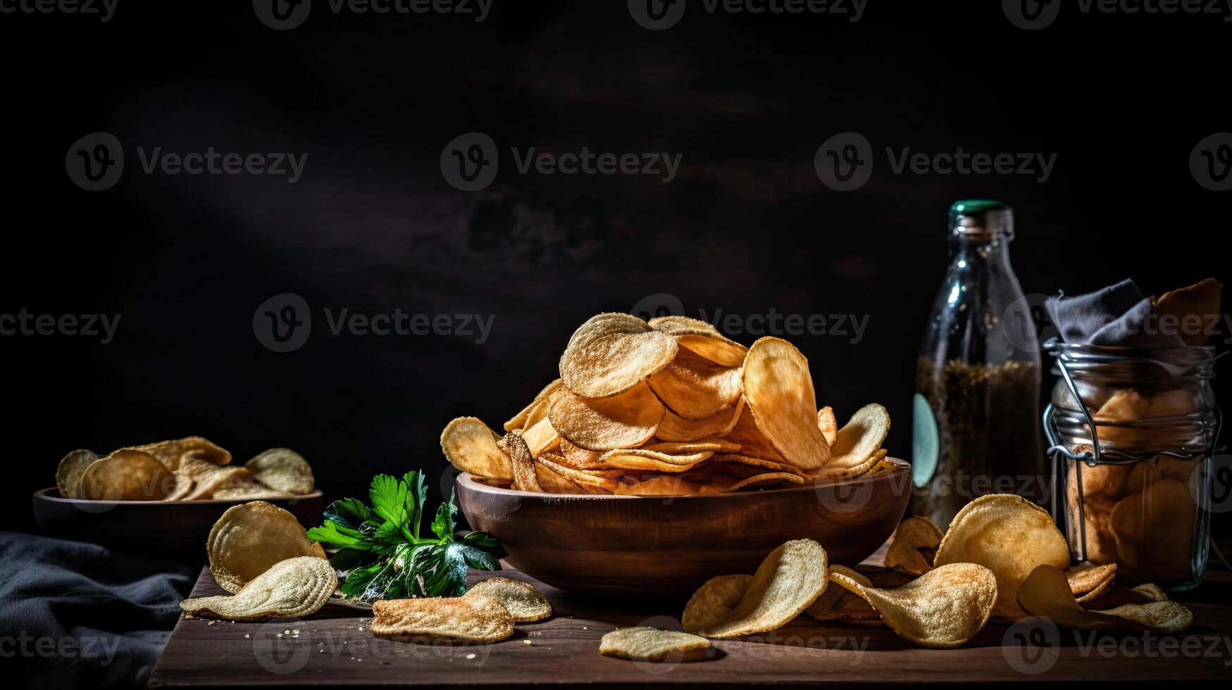 Potato Chips with a sprinkling of savory salty spices on a wooden table with a blurred background, photo