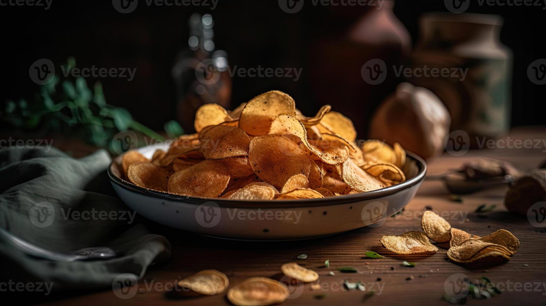 Potato Chips with a sprinkling of savory salty spices on a wooden table with a blurred background, photo