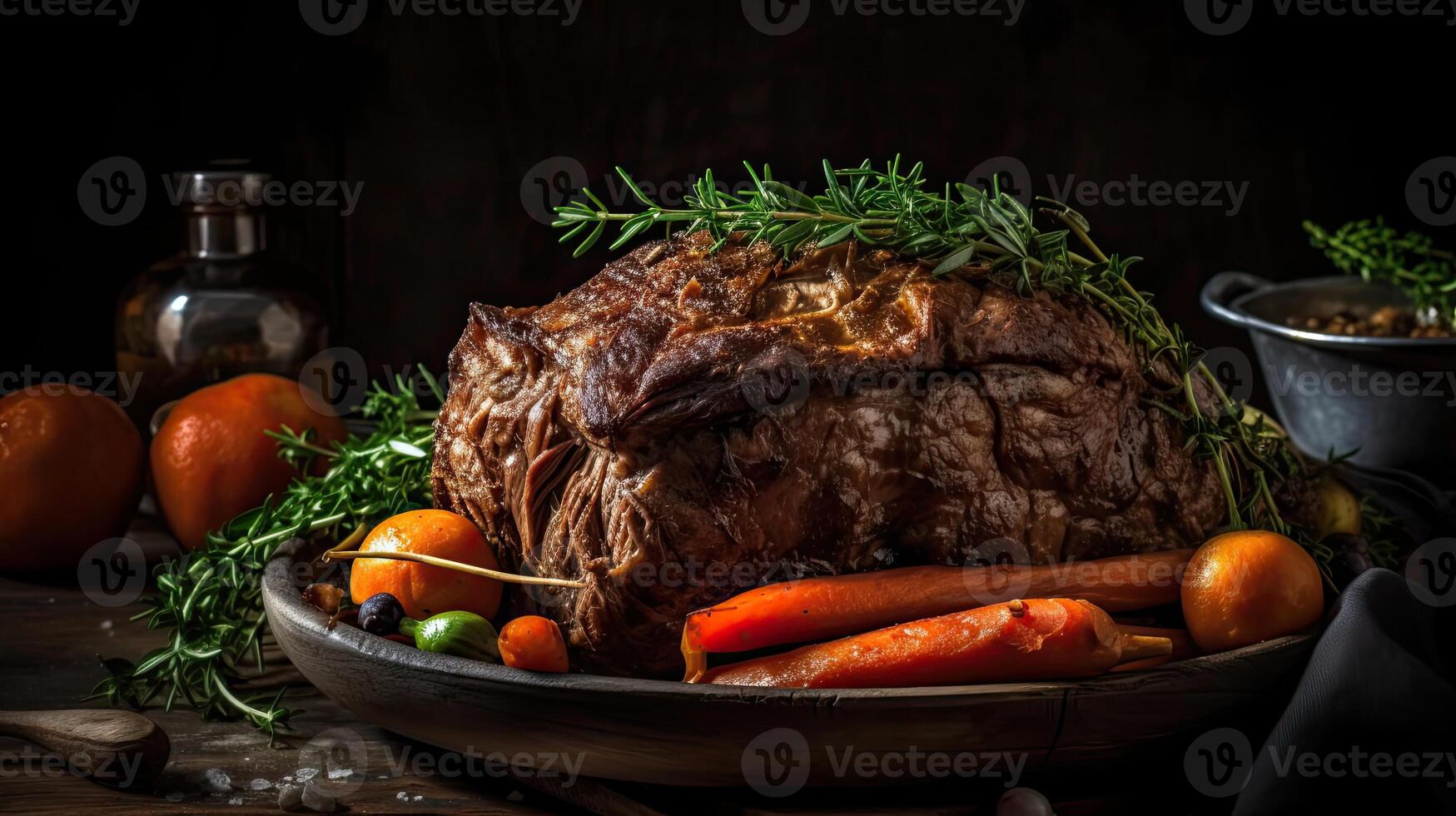 de cerca de maceta asado lleno de vegetales en un cuenco con borroso fondo, ai generativo foto