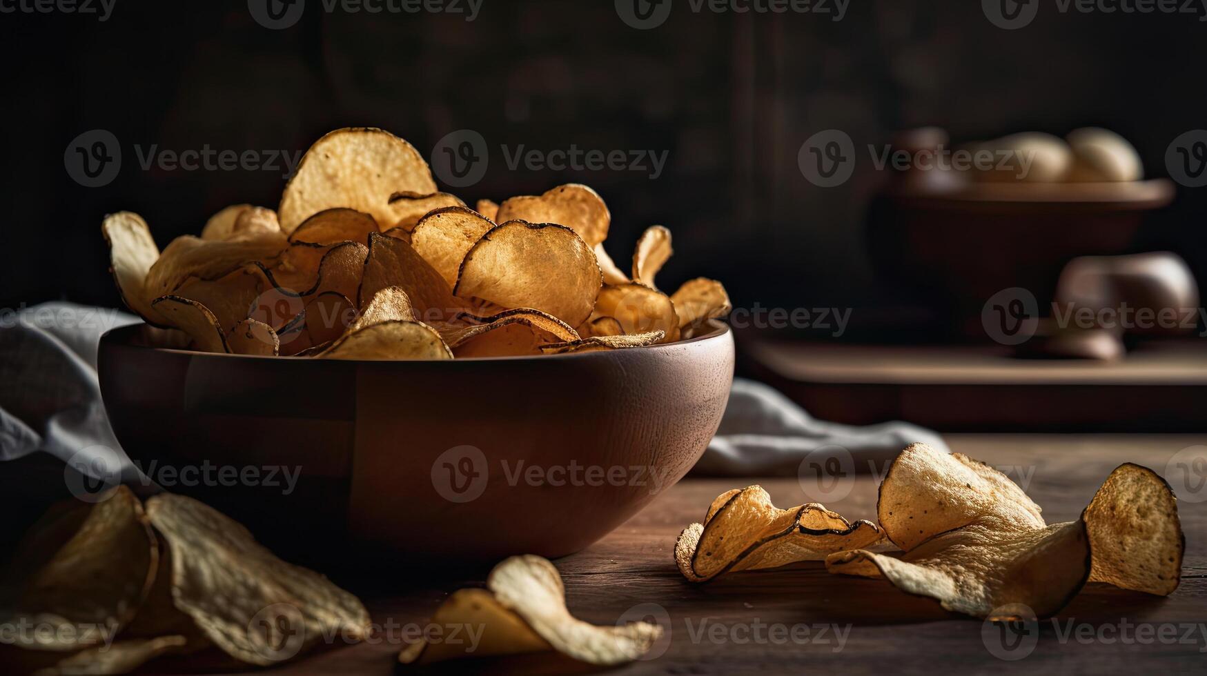 Potato Chips with a sprinkling of savory salty spices on a wooden table with a blurred background, photo