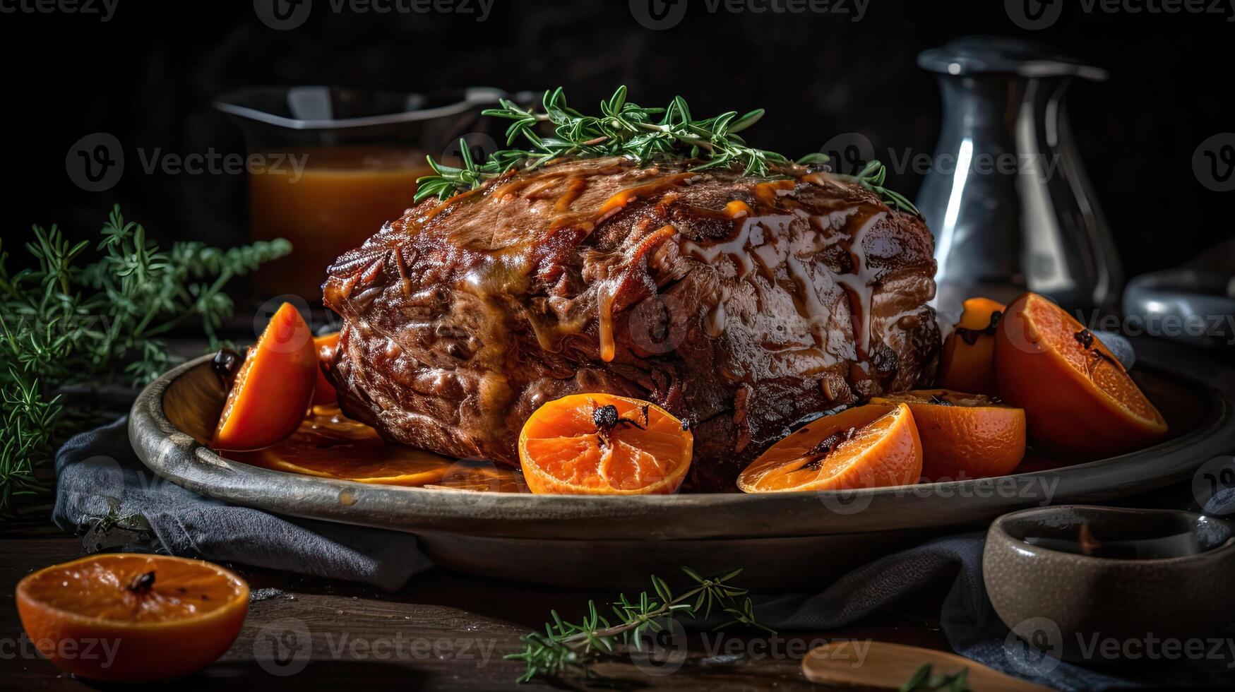 Closeup of pot roast full of vegetables on a bowl with blurred background, AI Generative photo