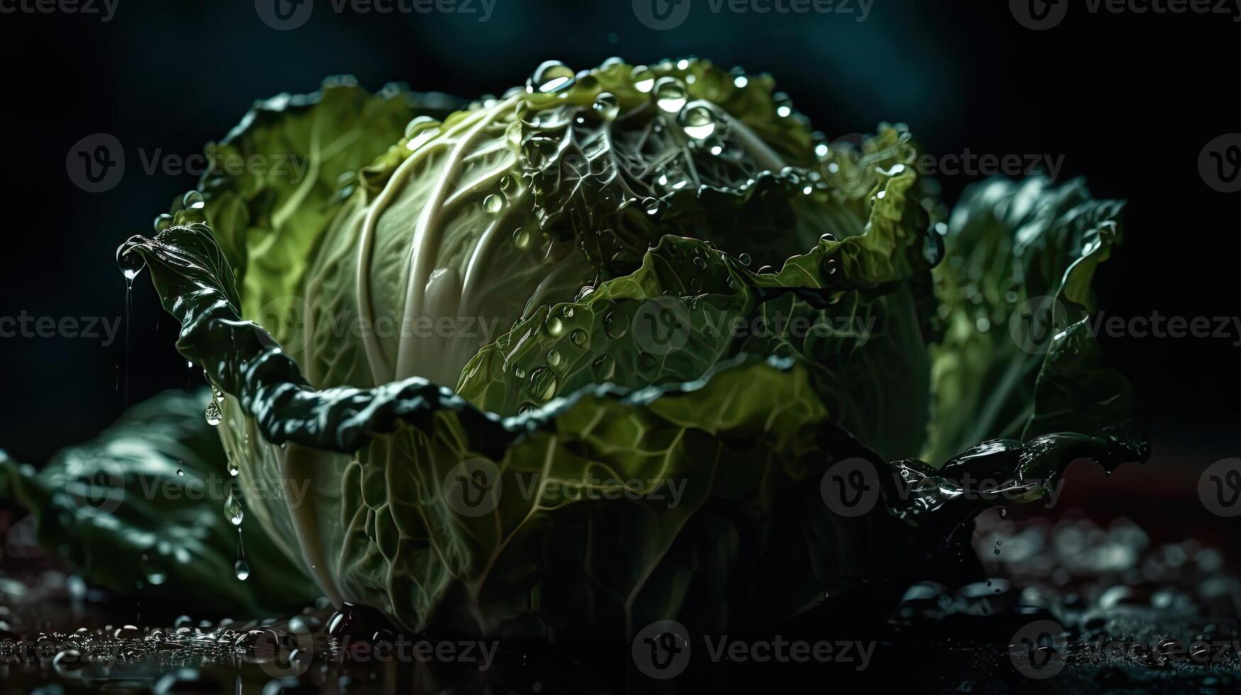 Close-up cabbage hit by splashes of water with black blur background, AI Generative photo