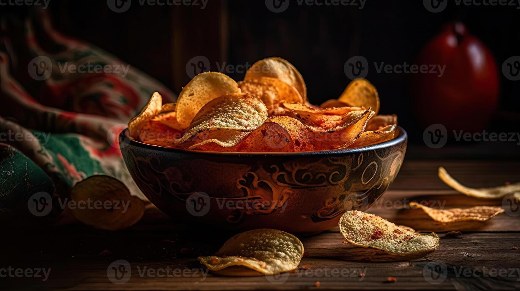 Closeup Potato Chips with a sprinkling of savory salty spices on a wooden table, photo