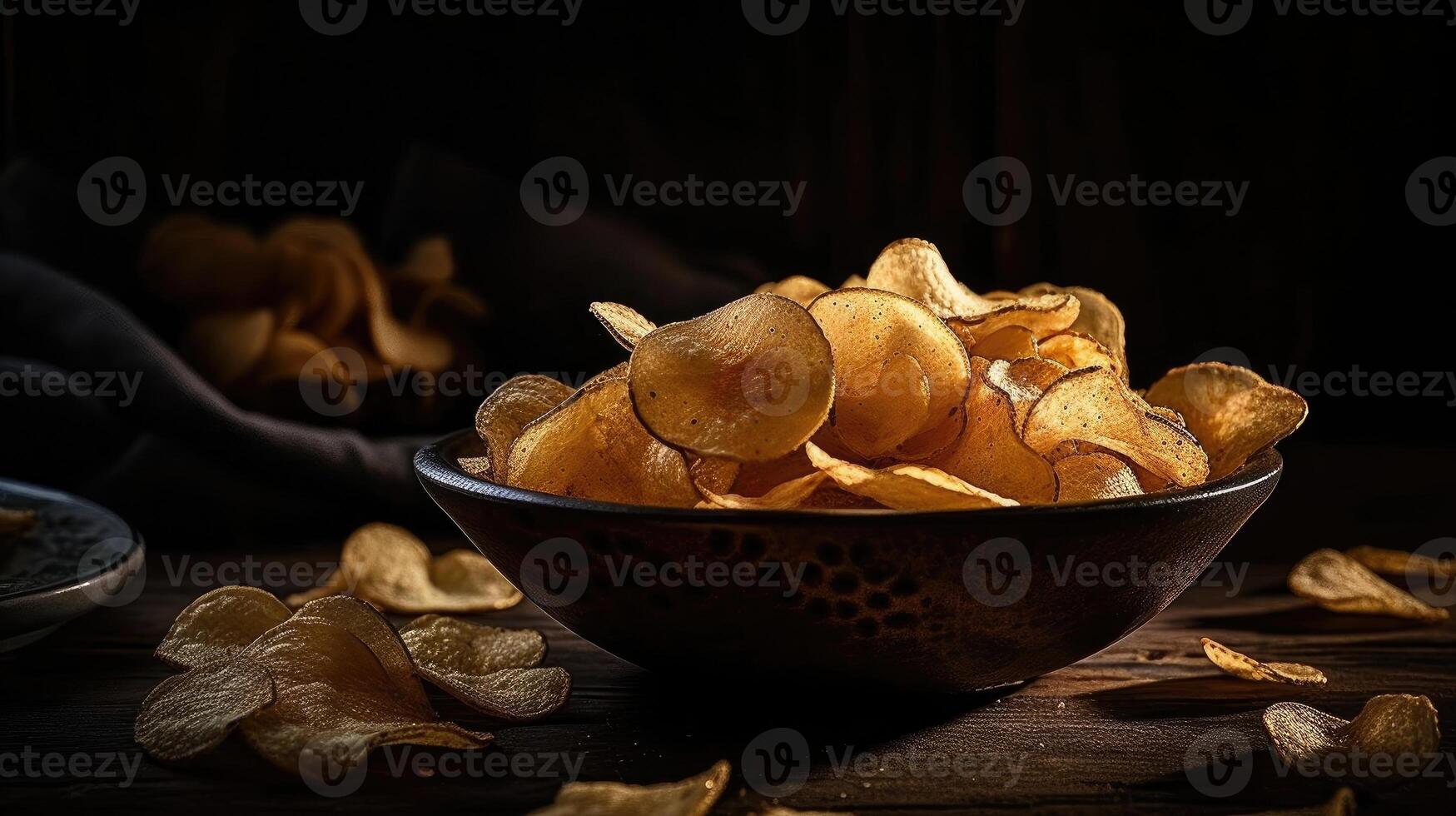Potato Chips with a sprinkling of savory salty spices on a wooden table with a blurred background, photo