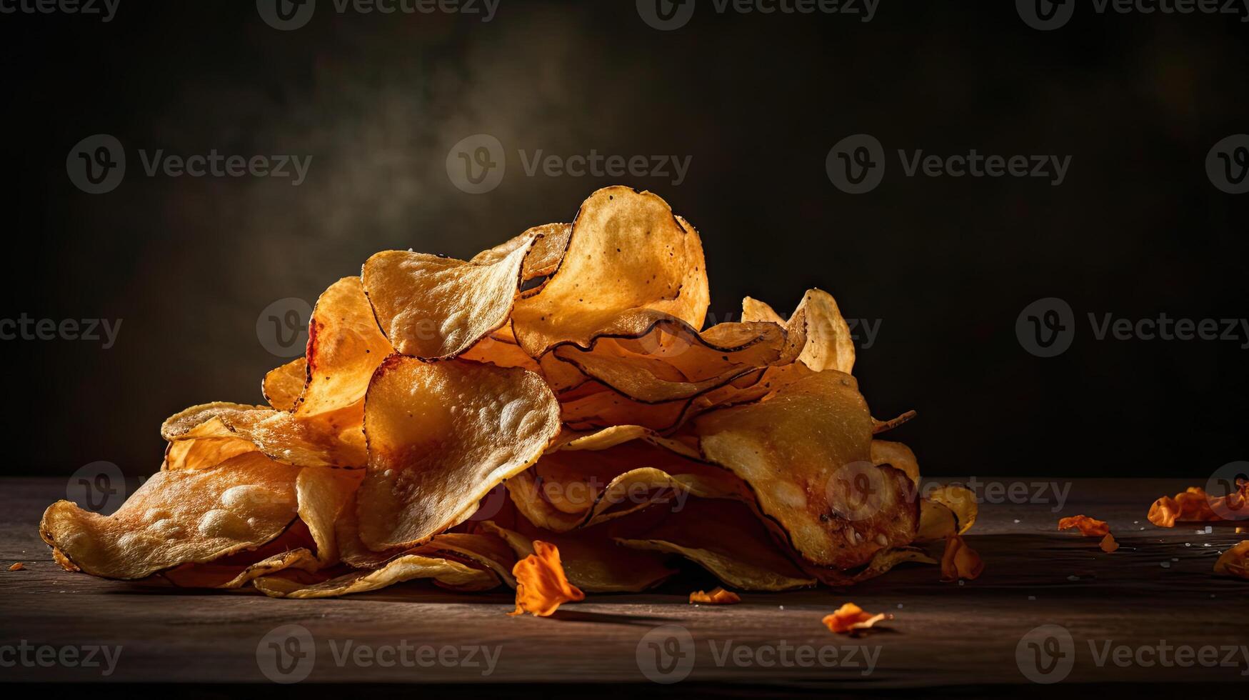 Potato Chips with a sprinkling of savory salty spices on a wooden table with a blurred background, photo