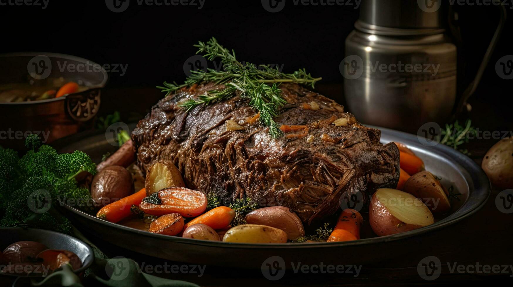 Closeup of pot roast full of vegetables on a bowl with blurred background, AI Generative photo
