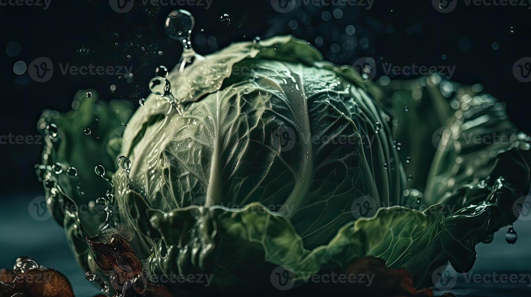 Cabbage hit by splashes of water with black blur background, AI Generative photo