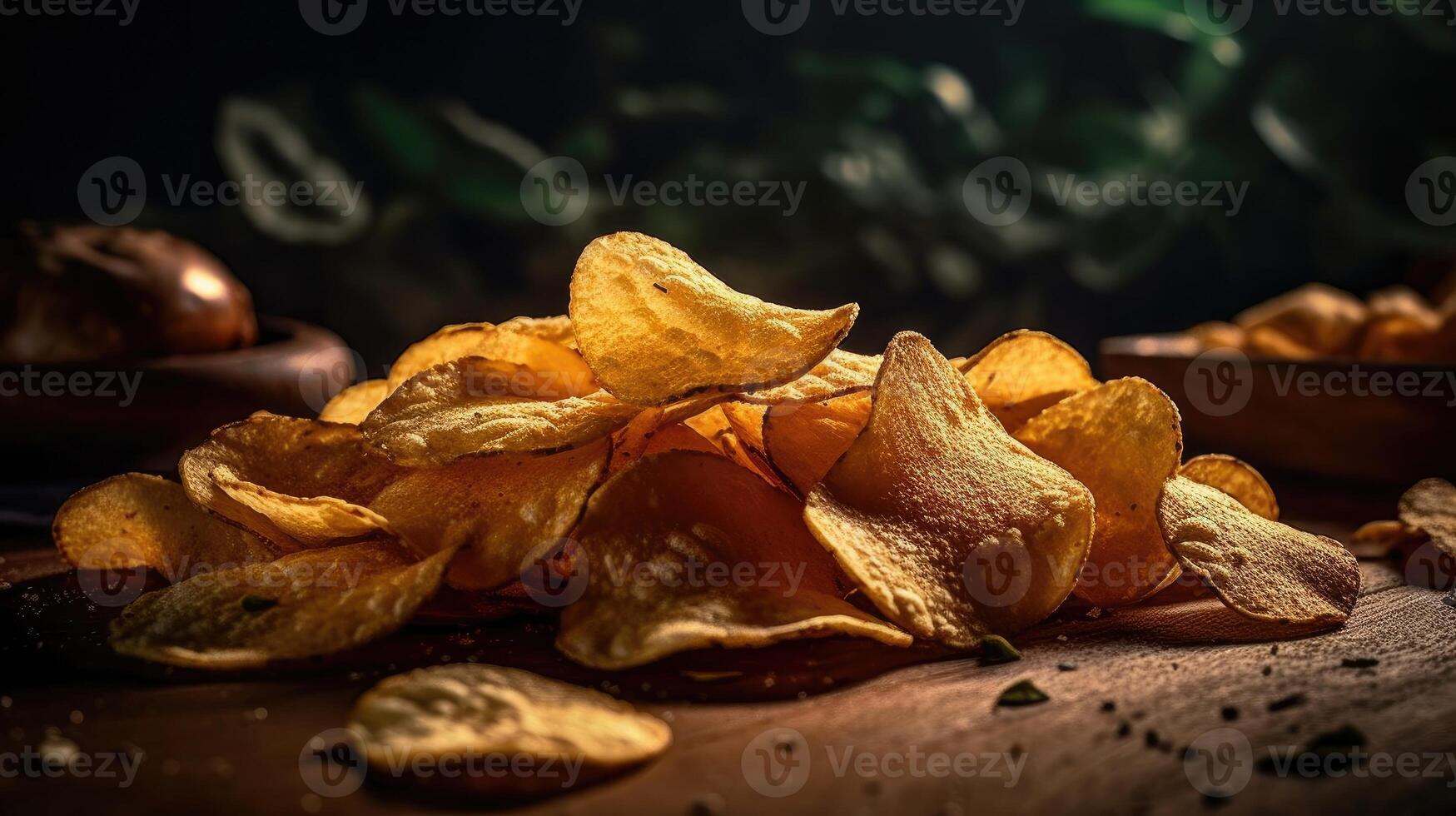 Potato Chips with a sprinkling of savory salty spices on a wooden table with a blurred background, photo