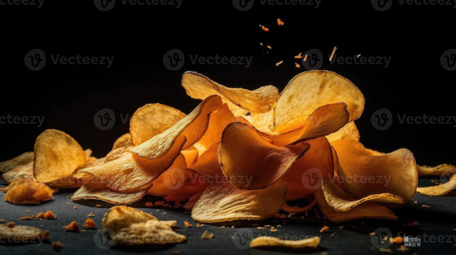 Potato Chips with a sprinkling of savory salty spices on a wooden table with a blurred background, photo