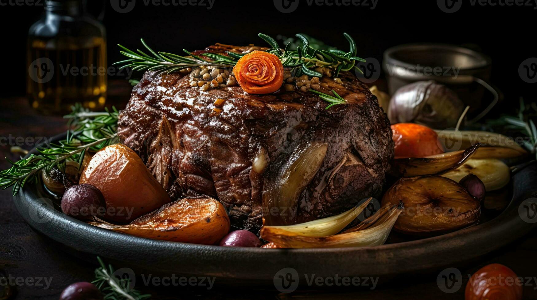 de cerca de maceta asado lleno de vegetales en un cuenco con borroso fondo, ai generativo foto