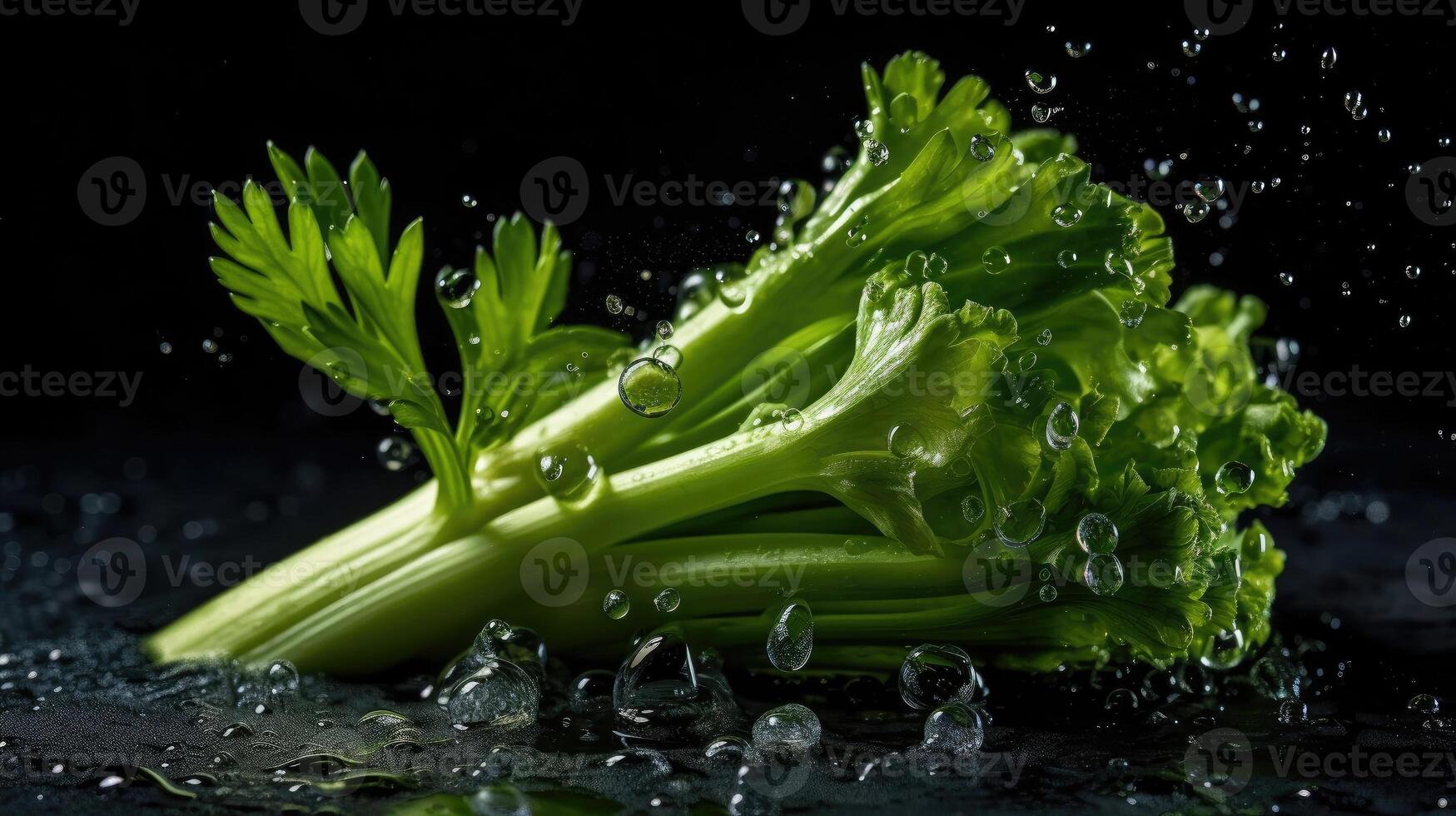 close up green celery hit by splashes of water with black blur background, AI Generative photo