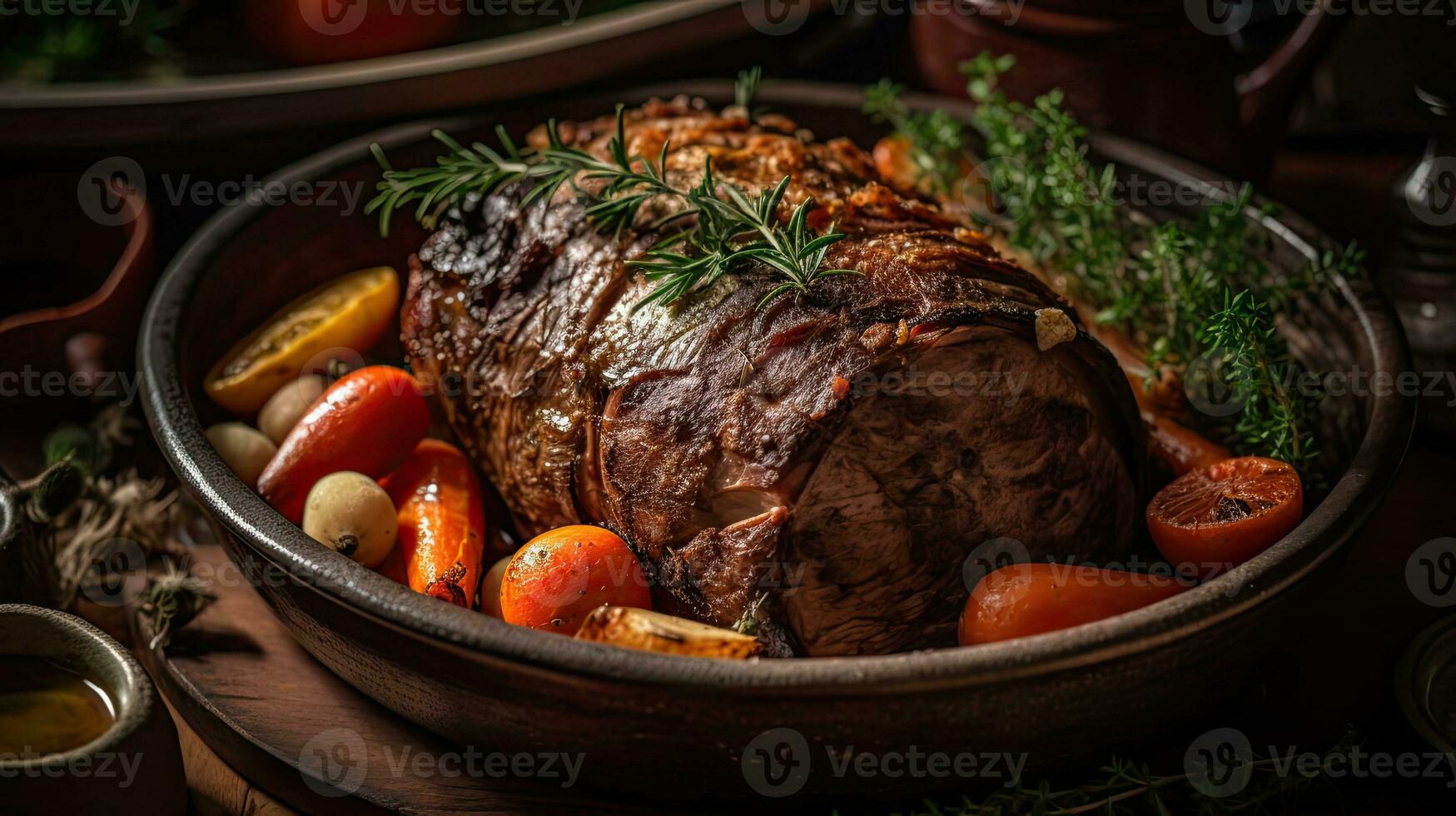 Closeup of pot roast full of vegetables on a bowl with blurred background, AI Generative photo