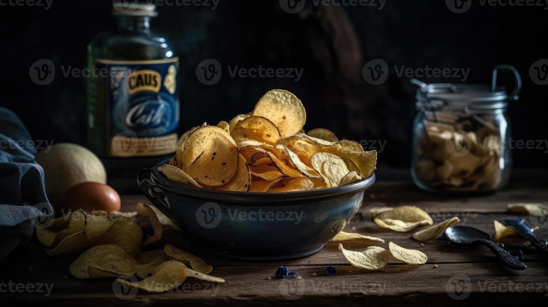 Potato Chips with a sprinkling of savory salty spices on a wooden table with a blurred background, photo