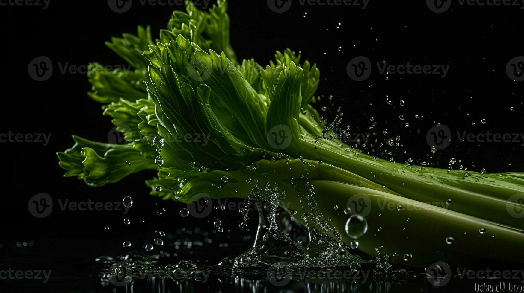 apio vegetal golpear por salpicaduras de agua con negro difuminar fondo, ai generativo foto