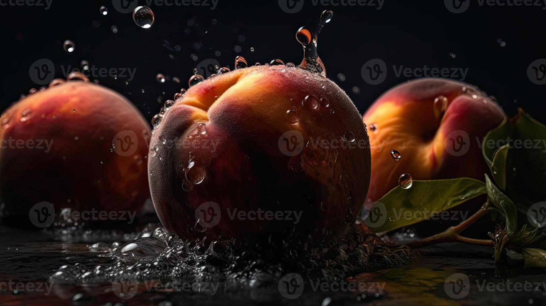 Peach hit by splashes of water with black blur background, AI Generative photo